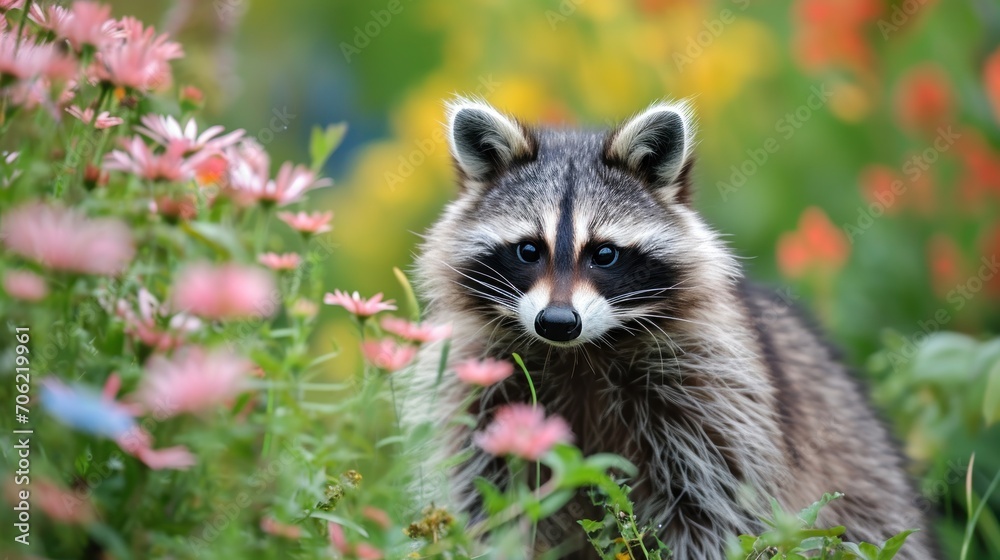 a close up of a raccoon in a field of flowers with a blurry background of pink flowers. a close up of a raccoon in a field of flowers with a blurry background of pink flowers.