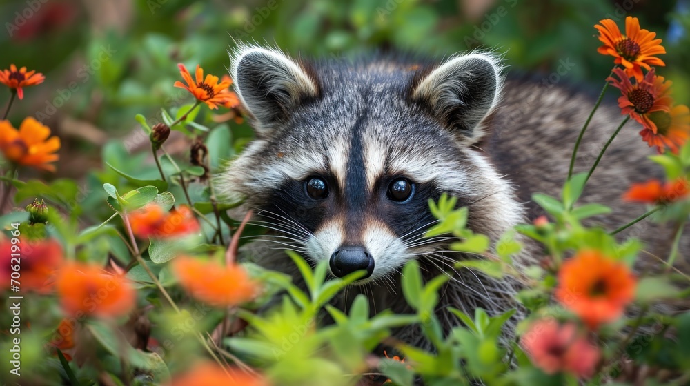 a close up of a raccoon in a field of flowers with a blurry look on its face. a close up of a raccoon in a field of flowers with a blurry look on its face.