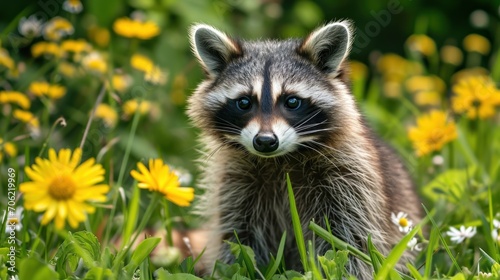  a close up of a raccoon in a field of grass and flowers with yellow flowers in the background.