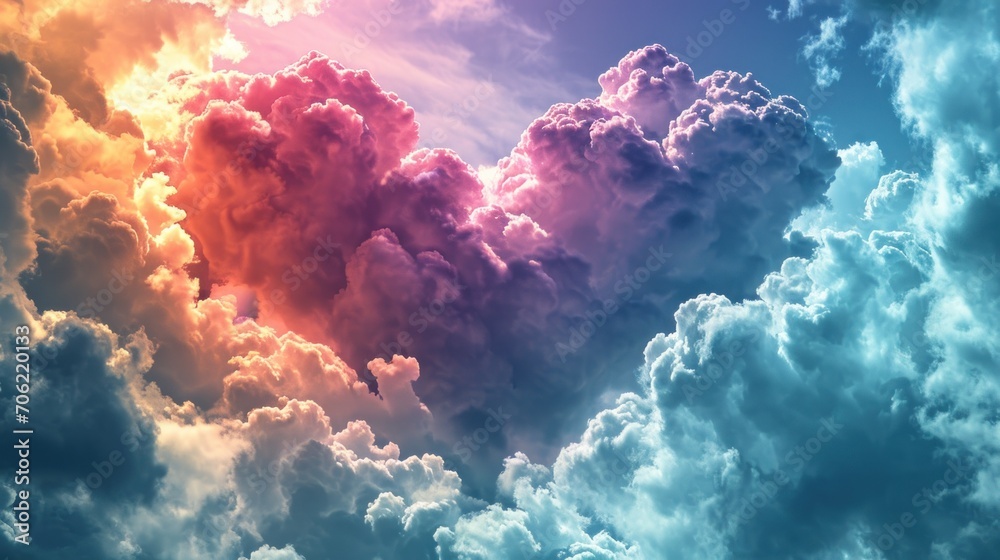  a heart shaped cloud in the middle of a blue sky with pink and yellow clouds in the middle of it. - obrazy, fototapety, plakaty 