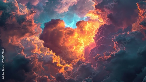  a heart shaped cloud in the sky with a blue and yellow sky in the middle of the clouds and a red and yellow heart in the middle of the clouds.