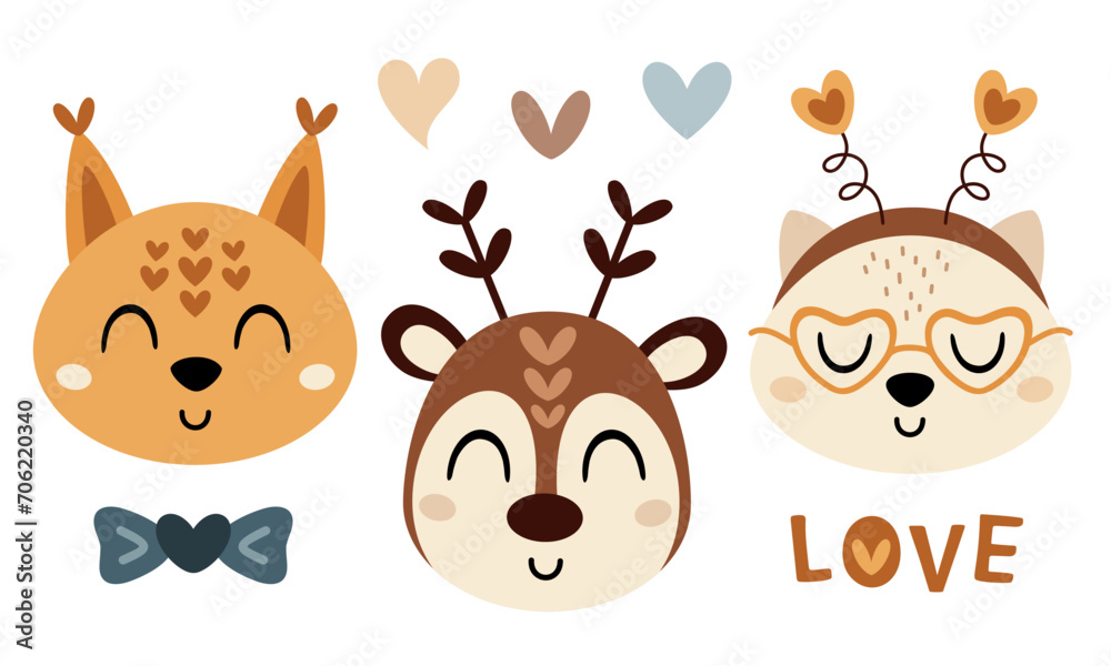 Obraz premium Valentines day clipart set. Cute animal faces clipart. Animal heads clip art. Cartoon cat, deer, squirrel in flat style. Vector illustration.