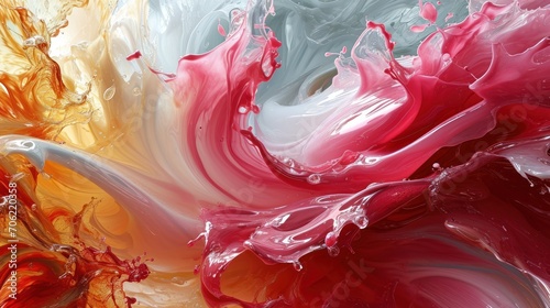  a close up of a red  yellow  and white paint swirls on a white and gray background with white and red swirls.