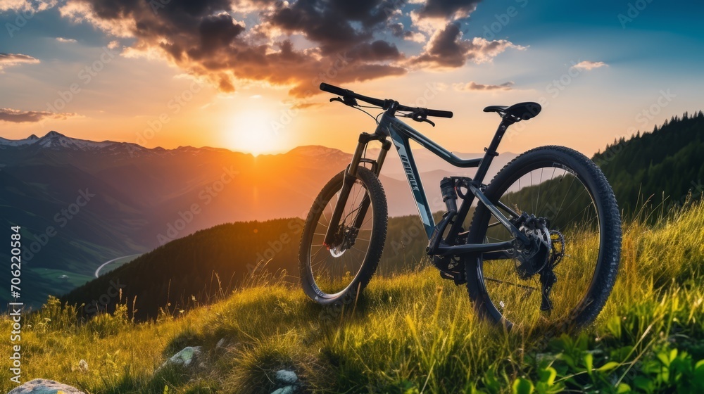 serene mountain bike ride: stunning spring-summer landscape bathed in sunrise/sunset glow serene mountain bike ride: stunning spring-summer landscape bathed in sunrise/sunset glow