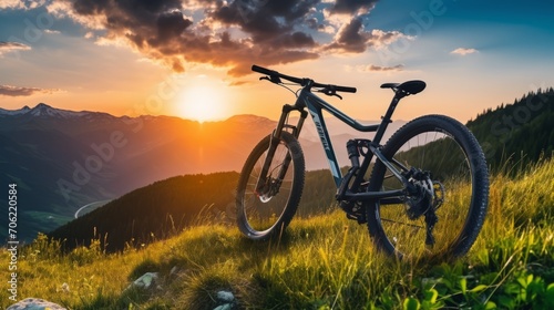 serene mountain bike ride  stunning spring-summer landscape bathed in sunrise sunset glow
