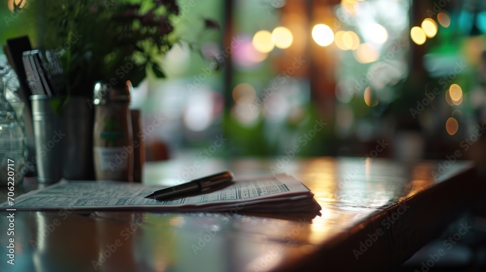 a couple of pens sitting on top of a piece of paper next to a vase with a plant in it. a couple of pens sitting on top of a piece of paper next to a vase with a plant in it.