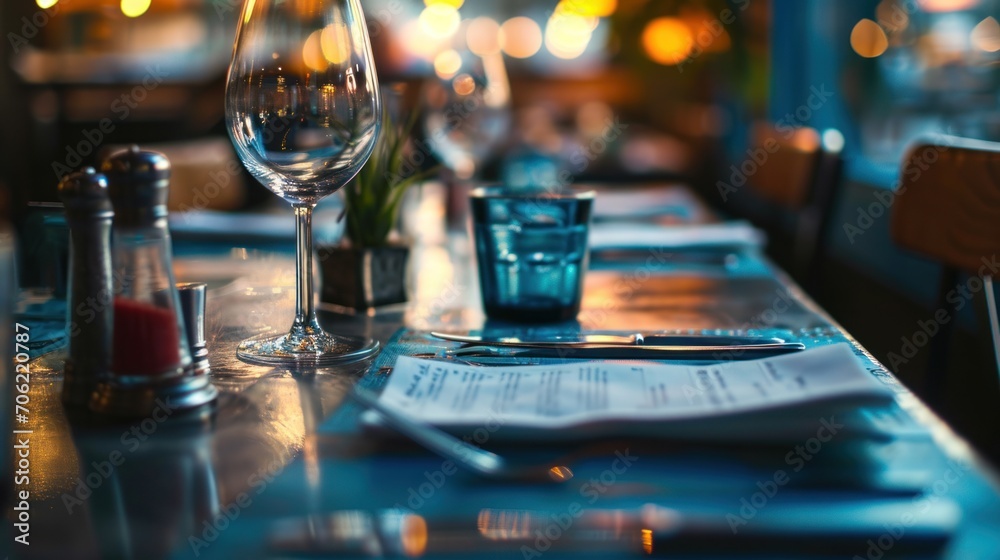  a close up of a table with a wine glass and a wine glass on it with a menu in front of it.