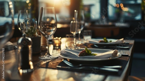  a close up of a plate of food on a table with a wine glass and wine bottle in the background.