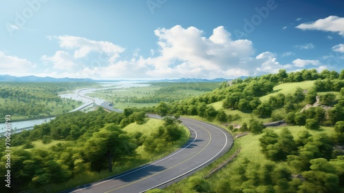 Highway in the mountains with green forest and blue sky background.