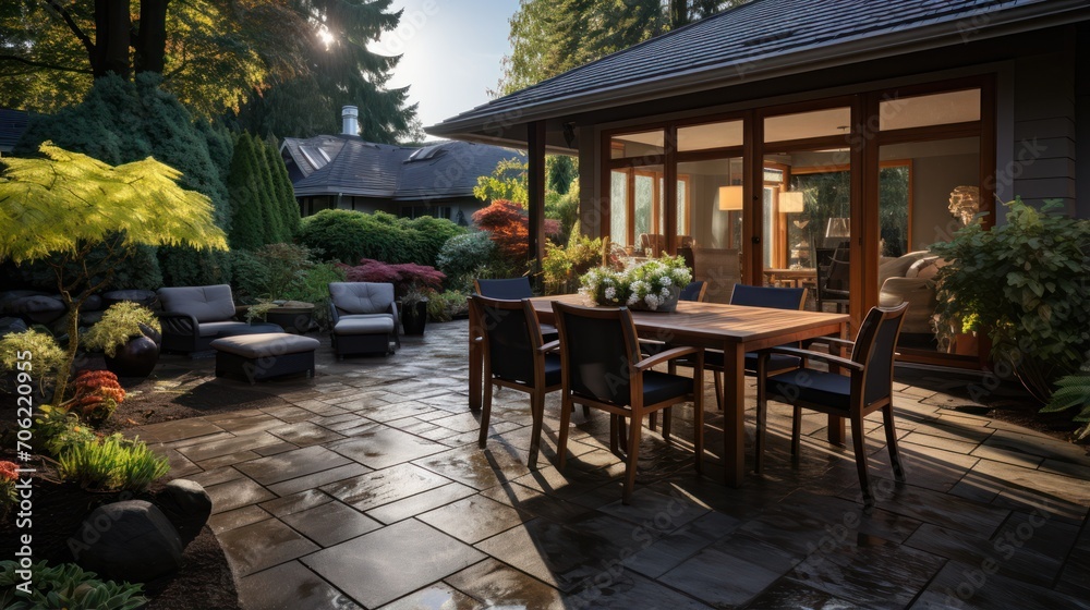 Fototapeta premium Beautiful outdoor home terrace with stone floor, flowers and green plants growing, and table with chairs.