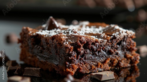  a close up of a piece of cake on a table with chocolate chunks and powdered sugar on top of it.