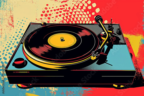 Vintage turntable with vinyl on grunge background, pop art illustration
