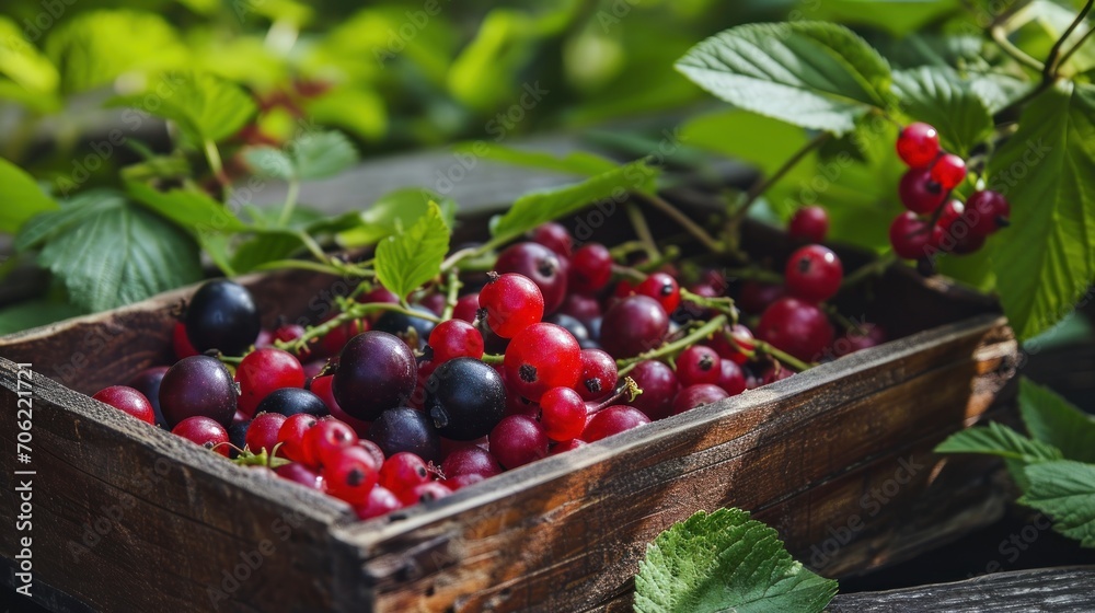 a wooden box filled with lots of red and black berries on top of a lush green leafy forest background. a wooden box filled with lots of red and black berries on top of a lush green leafy forest background.