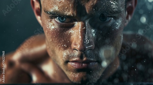 A close-up of a muscular man's intense gaze as he lifts weights, sweat glistening on his forehead