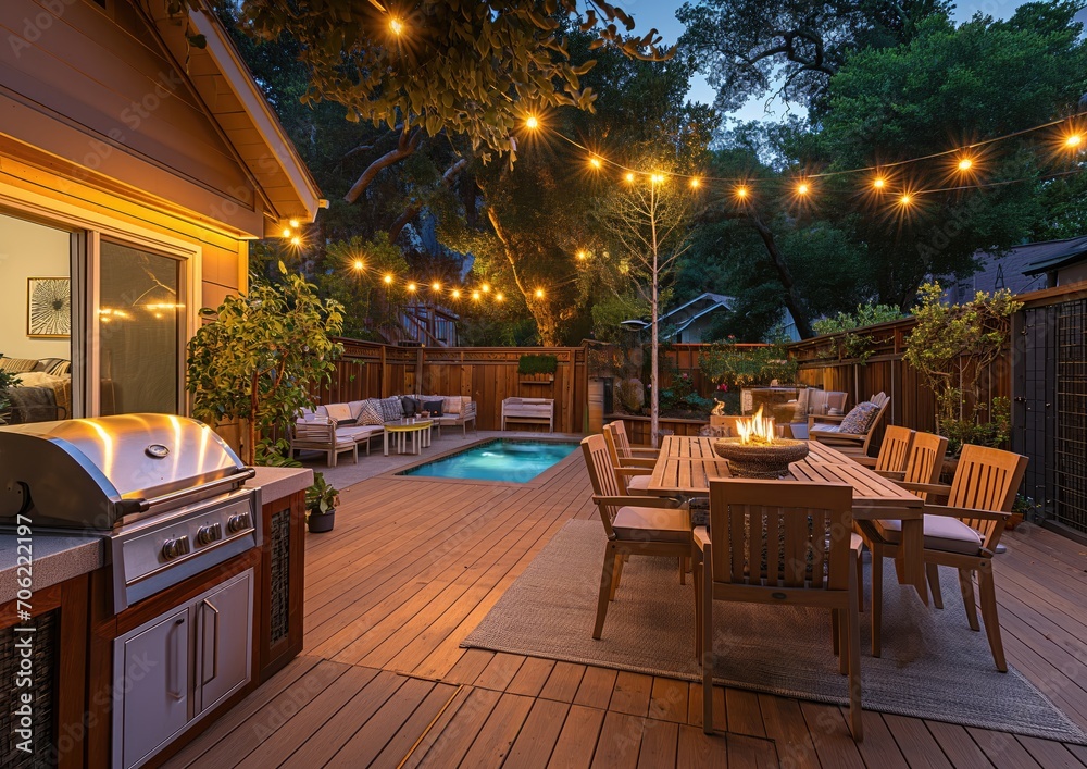 Inviting Backyard Deck with Barbecue Grill and Outdoor Dining Set: A Perfect Setting for Al Fresco Gatherings and Evening Ambiance