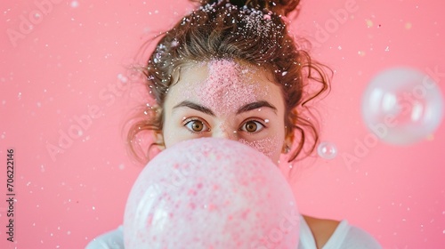 A student is seen pulling a face while trying to blow a huge bubblegum bubble, getting bubblegum all over their face photo