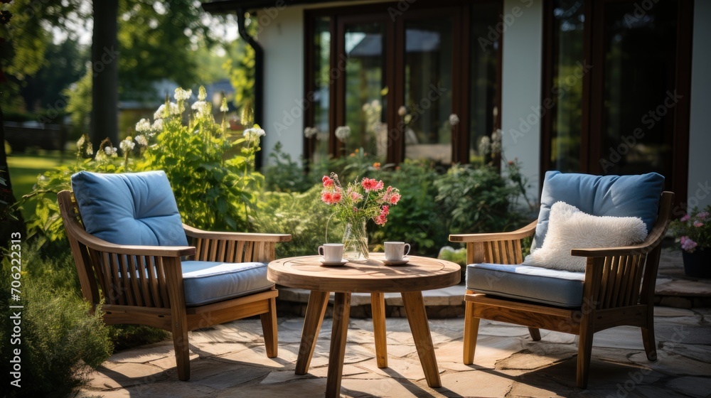 Elegant garden furniture on suburban house terrace with sofa and chairs set Elegant garden furniture on suburban house terrace with sofa and chairs set