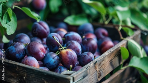  a wooden crate filled with lots of plums on top of a lush green leafy bushy branch filled with lots of ripe plums.