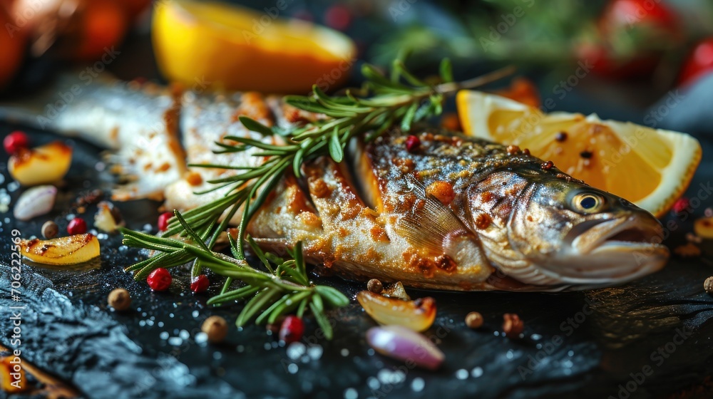 a close up of a fish on a plate with lemons and spices on a table with other food items. a close up of a fish on a plate with lemons and spices on a table with other food items.