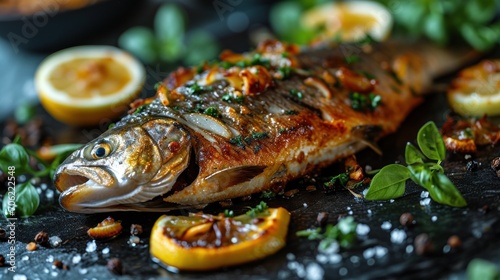  a close up of a fish on a plate with lemons and other food on the side of the plate.