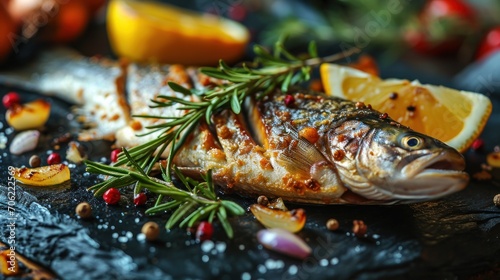  a close up of a fish on a plate with lemons and spices on a table with other food items.