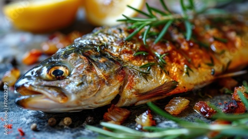  a fish with a sprig of rosemary on it's head sitting on a table next to lemons and spices.