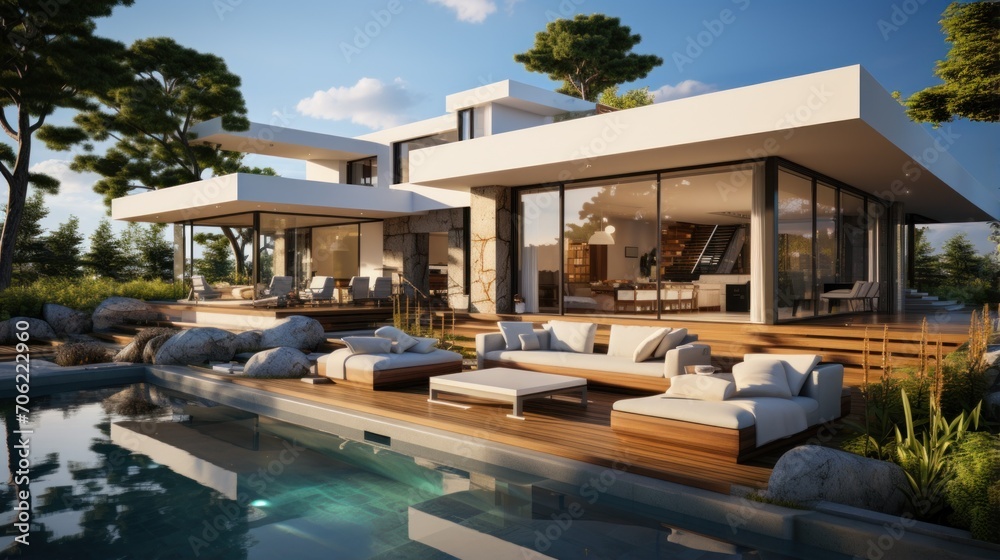 Fototapeta premium Hollow contemporary modern villa terrace with swimming pool, relaxing sofas