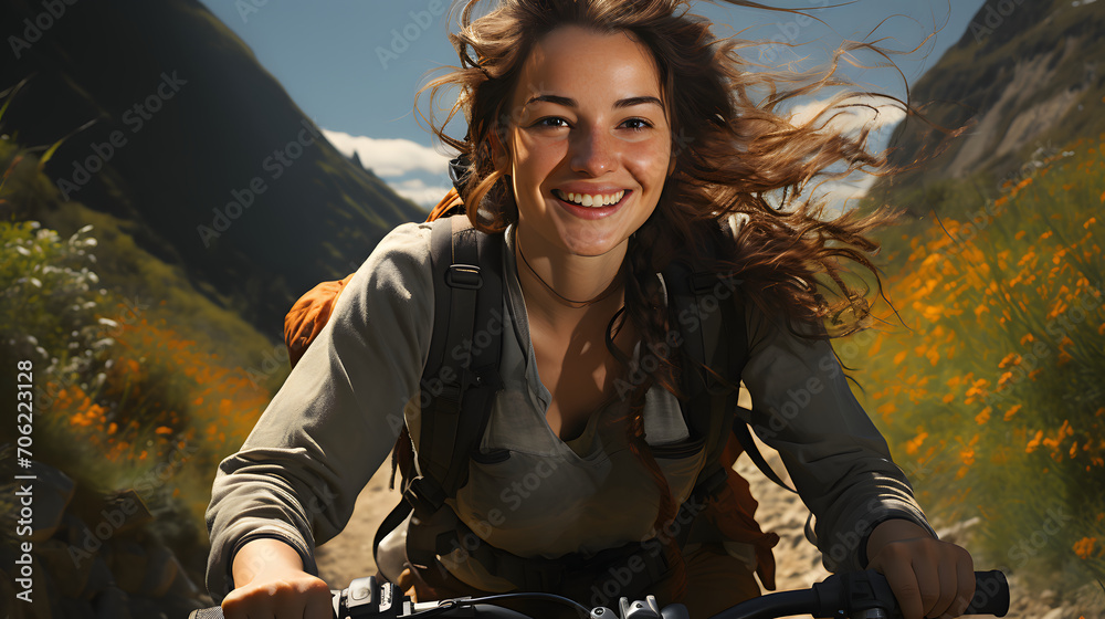 Obraz premium Beautiful and Happy Young Woman Traveling in Nature with Her Backpack