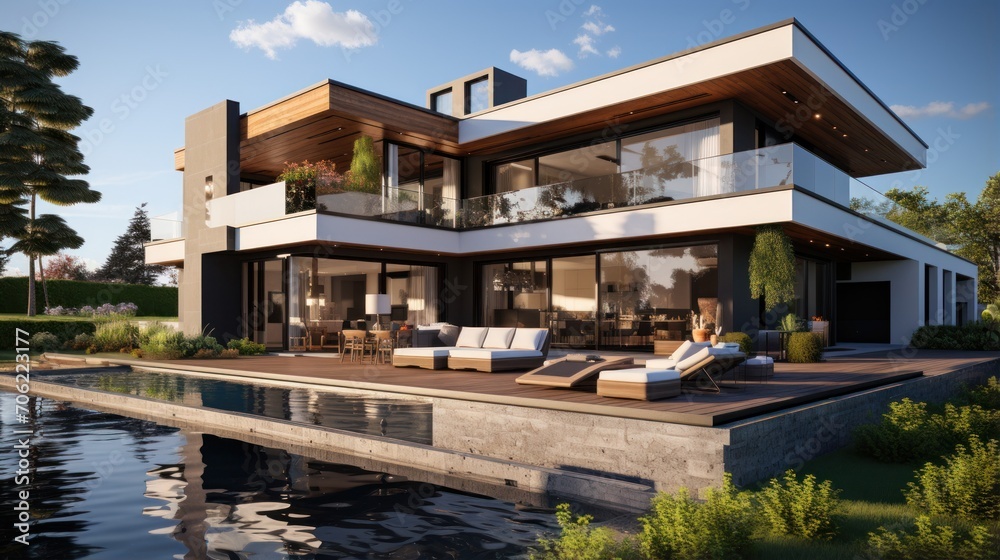 Fototapeta premium Hollow contemporary modern villa terrace with swimming pool, relaxing sofas