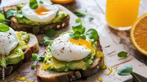  a wooden cutting board topped with two pieces of bread covered in avocado and a poached egg.