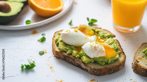  a toast with eggs and avocado on it next to a plate of oranges and a glass of orange juice.