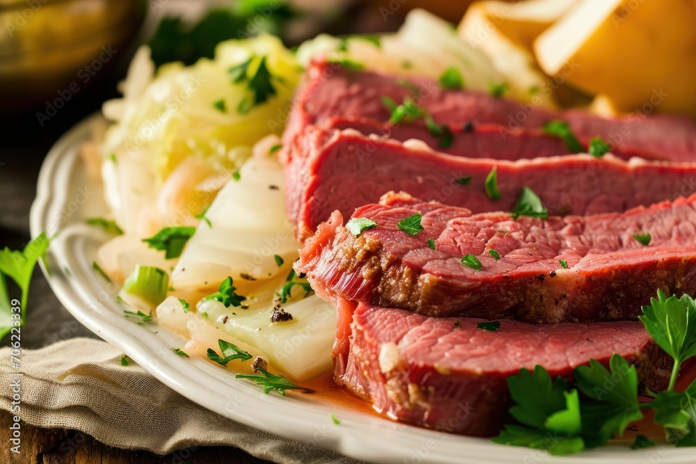 a close up of a plate of food with meat, potatoes, and parsley on top of a table.