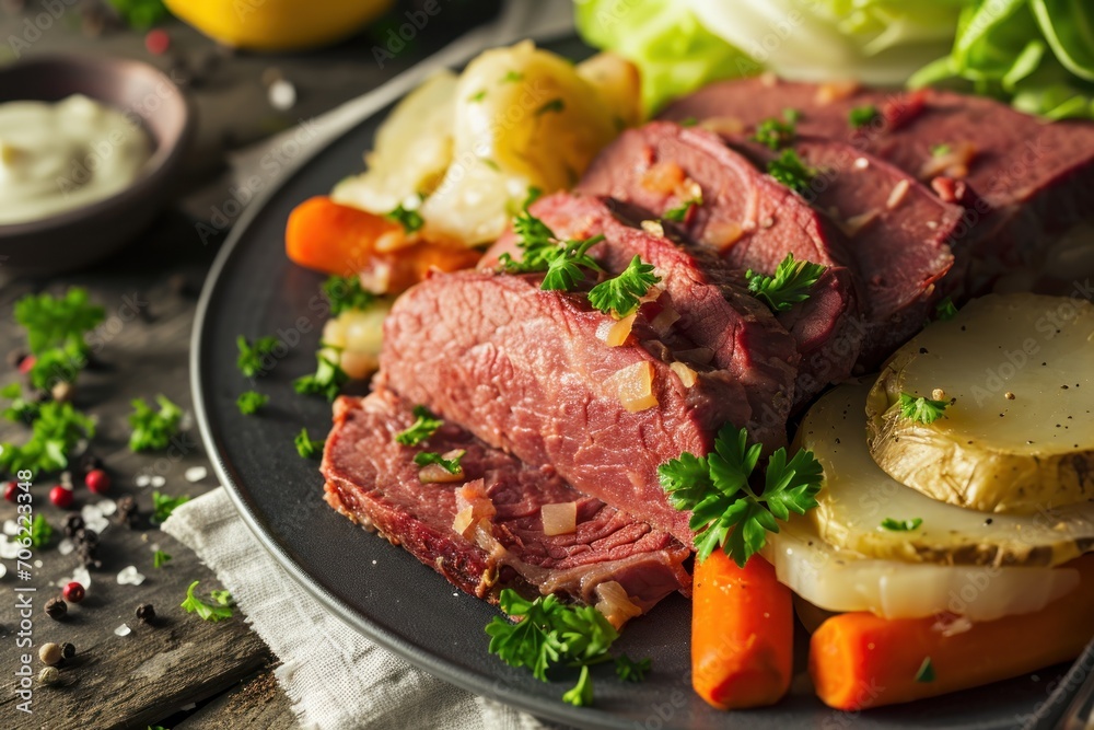 a plate of corned beef, carrots, potatoes, and lettuce with a side of sour cream. a plate of corned beef, carrots, potatoes, and lettuce with a side of sour cream.