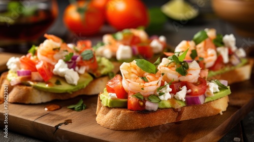  a wooden cutting board topped with pieces of bread covered in veggies and garnished with shrimp on top of it.