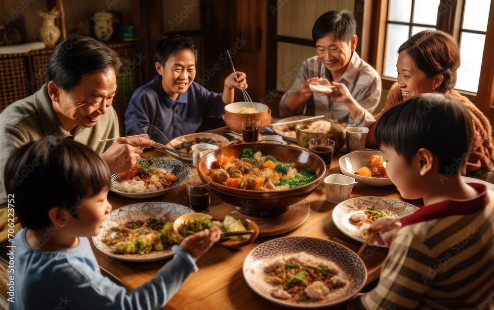 Enjoying dinner with friends. Top view of group of people having dinner together. Generative AI Enjoying dinner with friends. Top view of group of people having dinner together. Generative AI