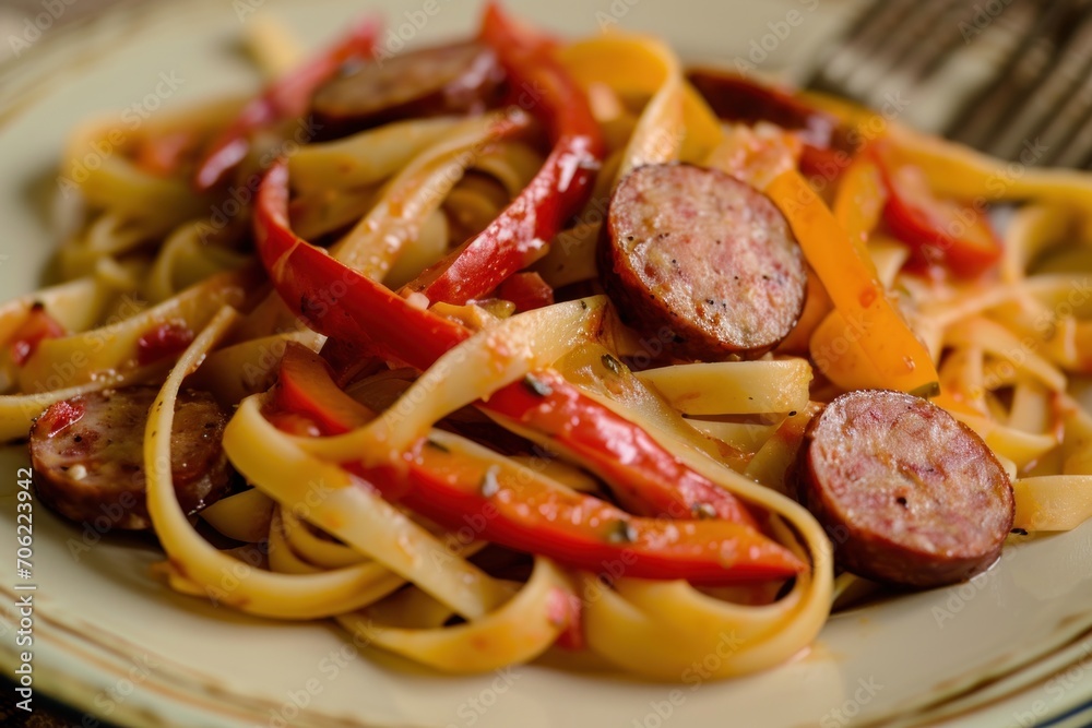 a plate of pasta with sausage, peppers, and noodles on a white plate with a fork on the side. a plate of pasta with sausage, peppers, and noodles on a white plate with a fork on the side.