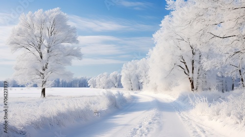 frosty field with a blue sky and fluffy white clouds above a dirt road that leads to a frosted woodland