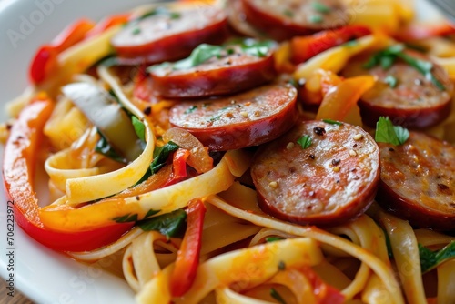  a plate of pasta with sausage, peppers, and parsley on top of the pasta is ready to be eaten.