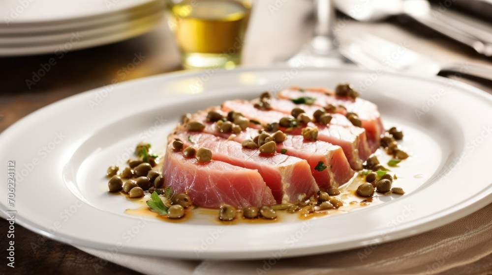  a close up of a plate of food on a table with a fork and a glass of wine in the background.