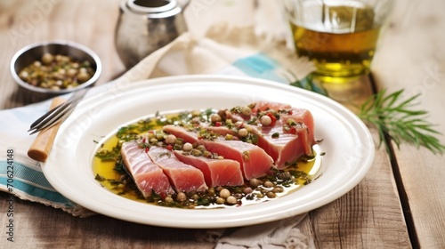  a close up of a plate of food on a table with a spoon and a glass of wine in the background.