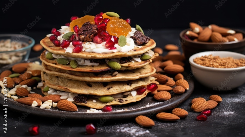  a plate topped with lots of food next to bowls of nuts and a bowl of granola on a table.