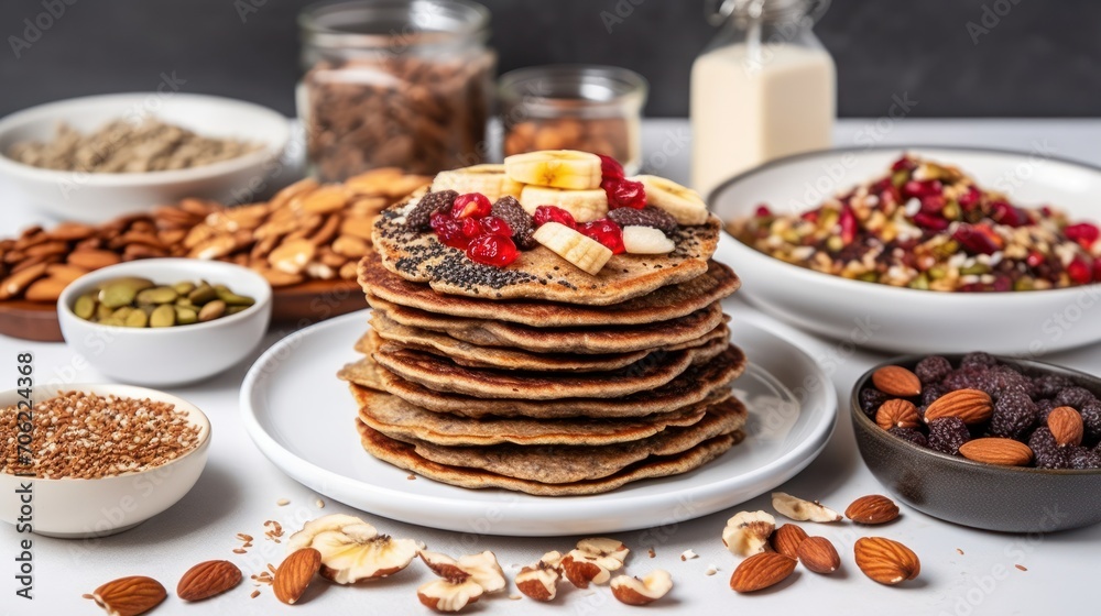 a stack of pancakes sitting on top of a white plate next to bowls of nuts and other foods on a table. a stack of pancakes sitting on top of a white plate next to bowls of nuts and other foods on a table.