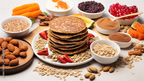  a stack of pancakes sitting on top of a white plate next to bowls of nuts and other fruits and vegetables.