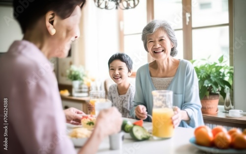 Happy asian family toasting healthy fruit juice. Generative AI