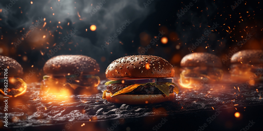 Smoke food hot big burger sandwich delicious big meat burger flame prepares with black background - obrazy, fototapety, plakaty 