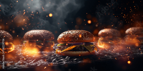 Smoke food hot big burger sandwich delicious big meat burger flame prepares with black background