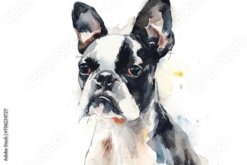  a watercolor painting of a black and white boston terrier dog looking at the camera with a serious look on its face. photo