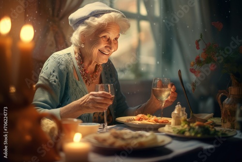 Elderly lady has dinner sitting at the table at home. Generative AI