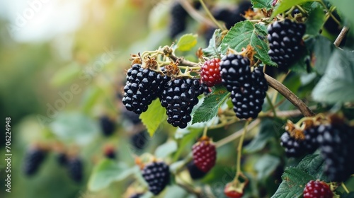  a bunch of blackberries growing on a bush with green leaves and red berries on the bush with green leaves and red berries on the bush.