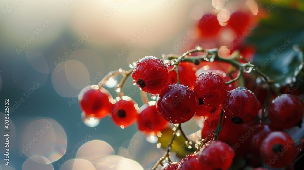 a bunch of red berries sitting on top of a green leafy plant with drops of water on the leaves. a bunch of red berries sitting on top of a green leafy plant with drops of water on the leaves.